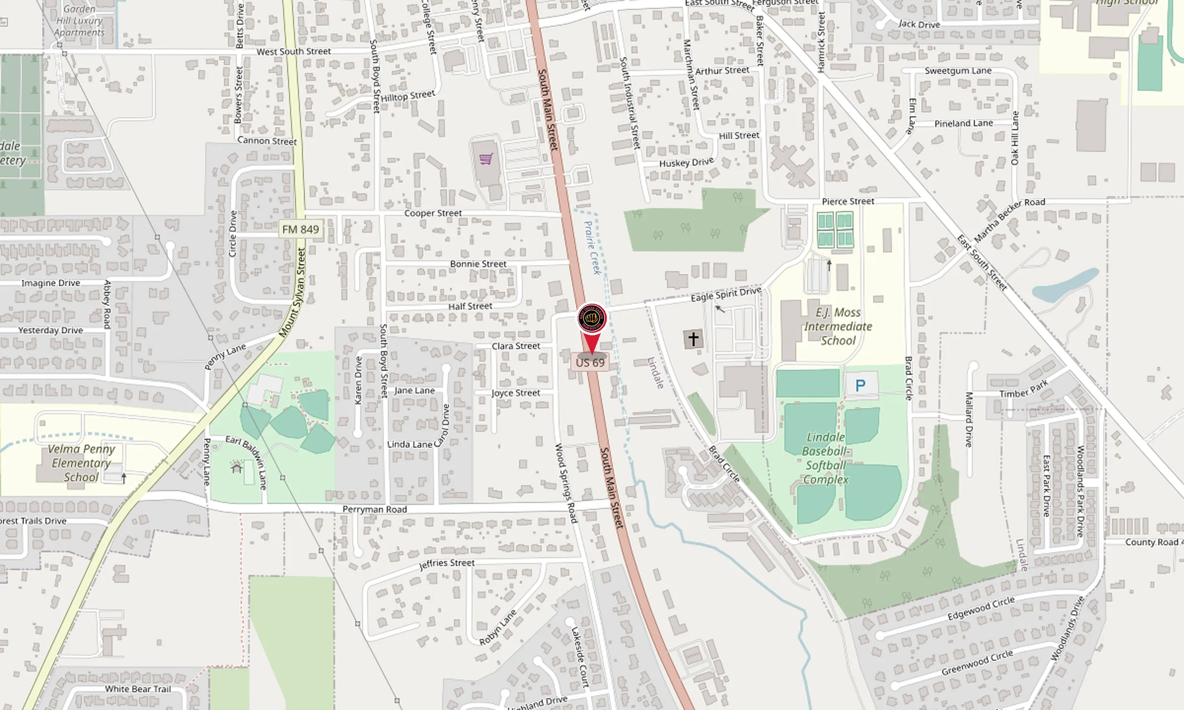 Map of South Main Street in Lindale with a pin on East Texas Karate